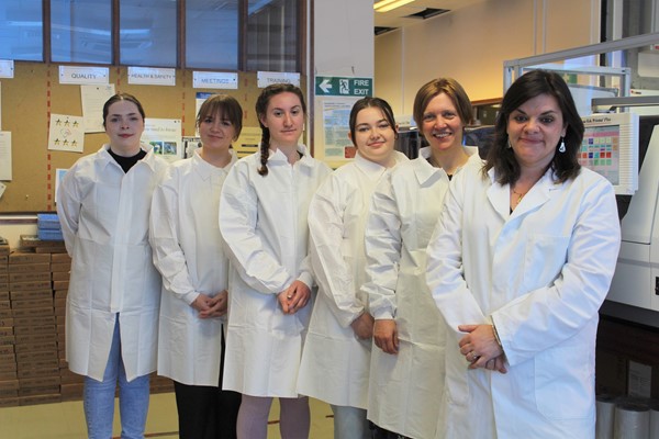 Worcester University Biomedical Science Students with Dr Amy Cherry, course leader for BSc Biomedical Science at the University of Worcester, and Andrea Johnson (far right), Cellular Pathology manager and interim microbiology manager at Wye Valley NHS Trust at Hereford County Hospital.